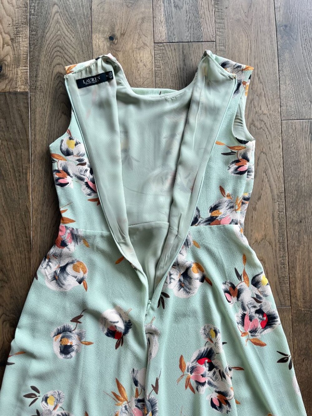 Lauren Ralph Lauren Black Label Floral Crepe Midi Dress Size 4P Green Pink Tie - Picture 6 of 8